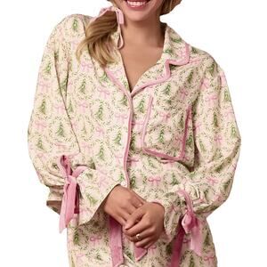 Womens Christmas Holiday Satin‎ Christmas Tree Bow Tie Sleeve Pajama Top Size M
